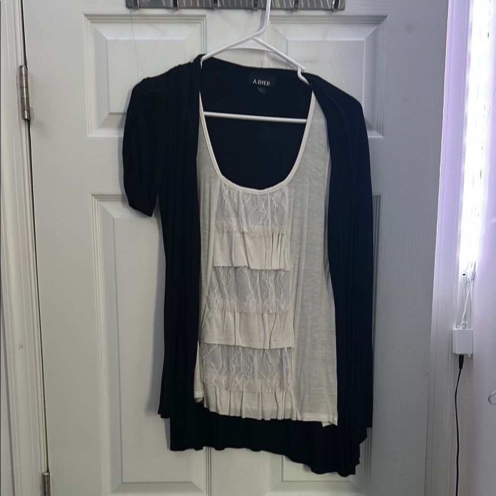 Byer California Faux Two-Piece Black Cardigan Top – Built-In White Tank Layer